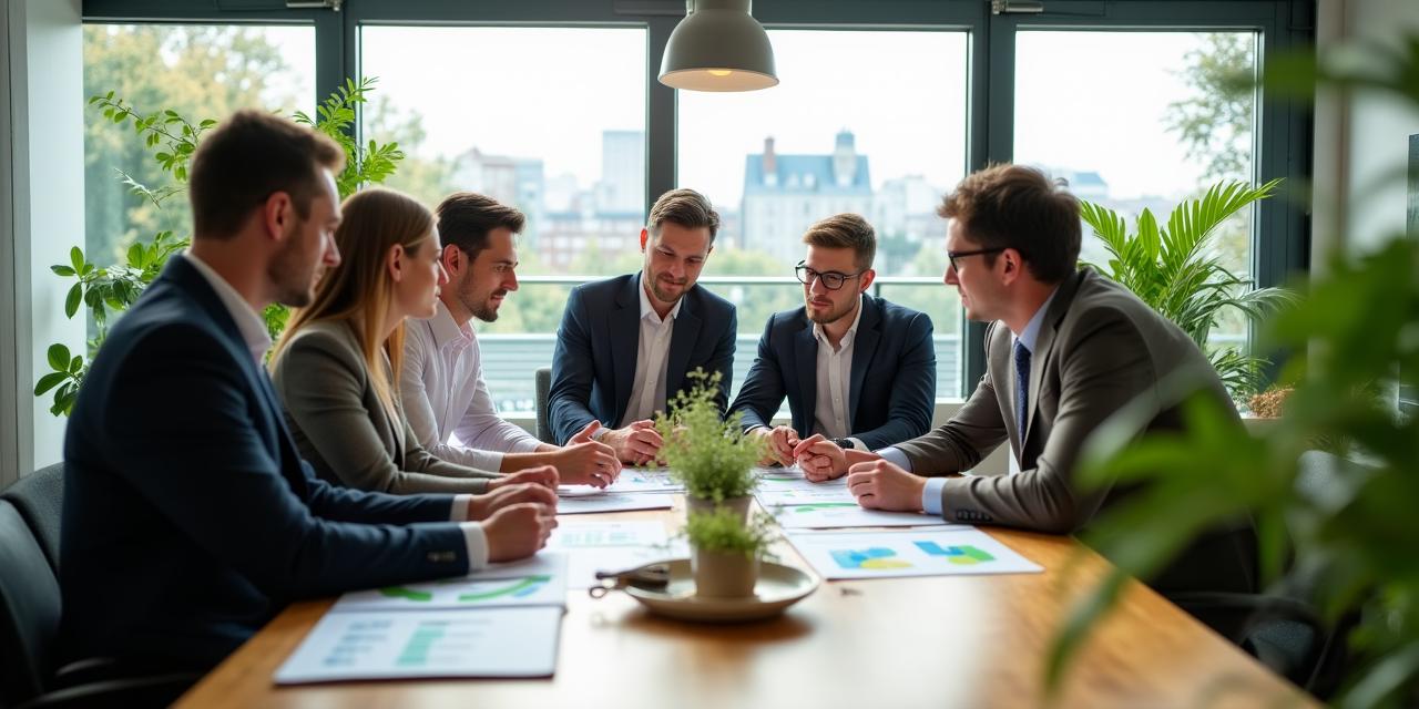 Une équipe professionnelle discutant de stratégie durable dans un bureau lumineux